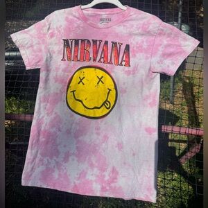 NIRVANA adults pink tie-dye graphic t-shirt with smiley face logo, unisex small